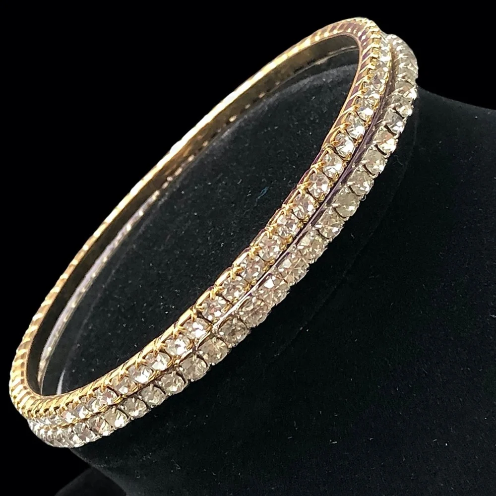 VINTAGE CLEAR CRYSTAL HARD BANGLE BRACELETS - SET OF 2